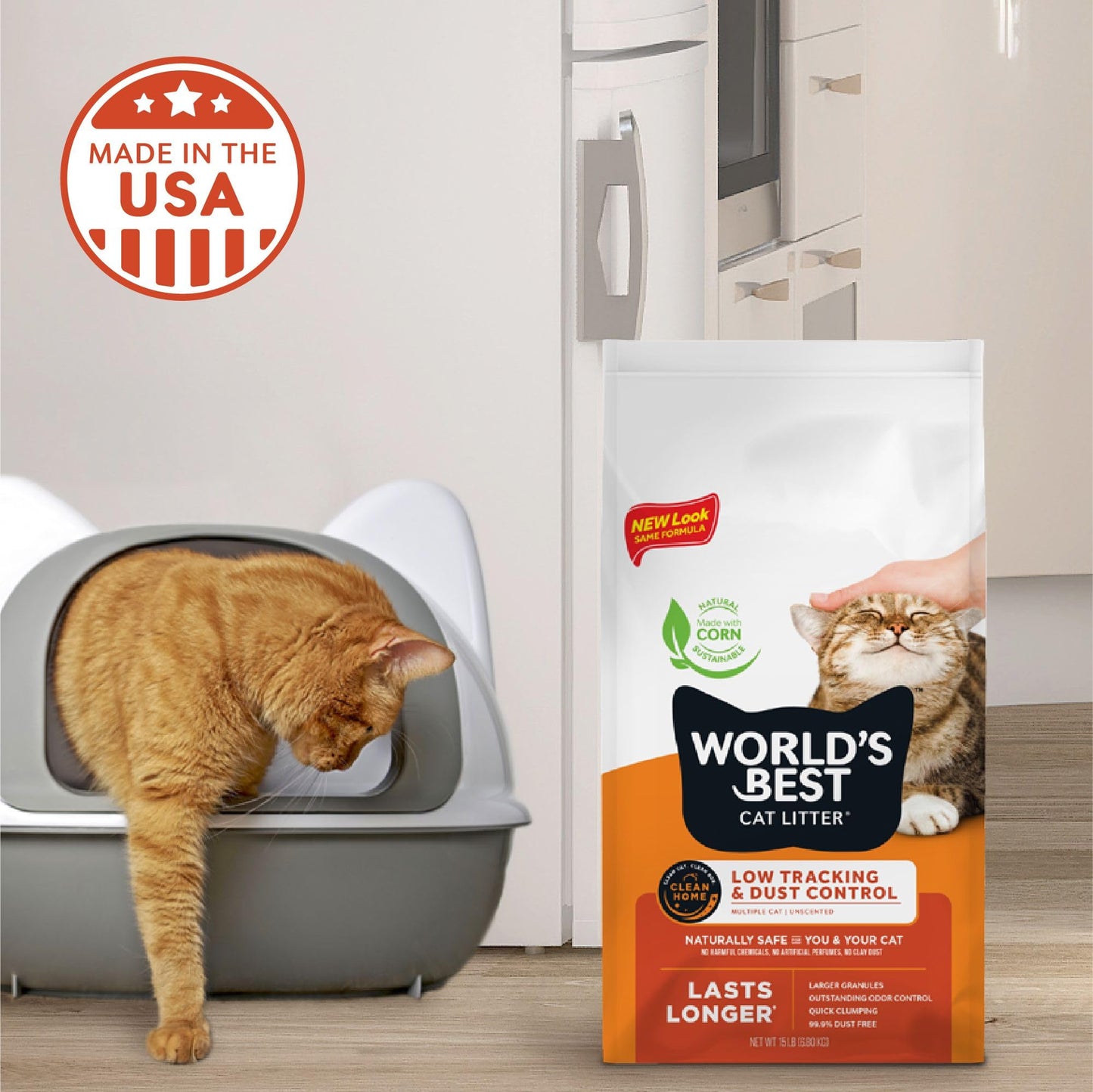 WORLD'S BEST CAT LITTER Low Tracking & Dust Control Multiple Cat Unscented 15-Pounds - Natural Ingredients, Quick Clumping, Flushable & Made in USA - Long-Lasting Odor Control & Easy Scooping