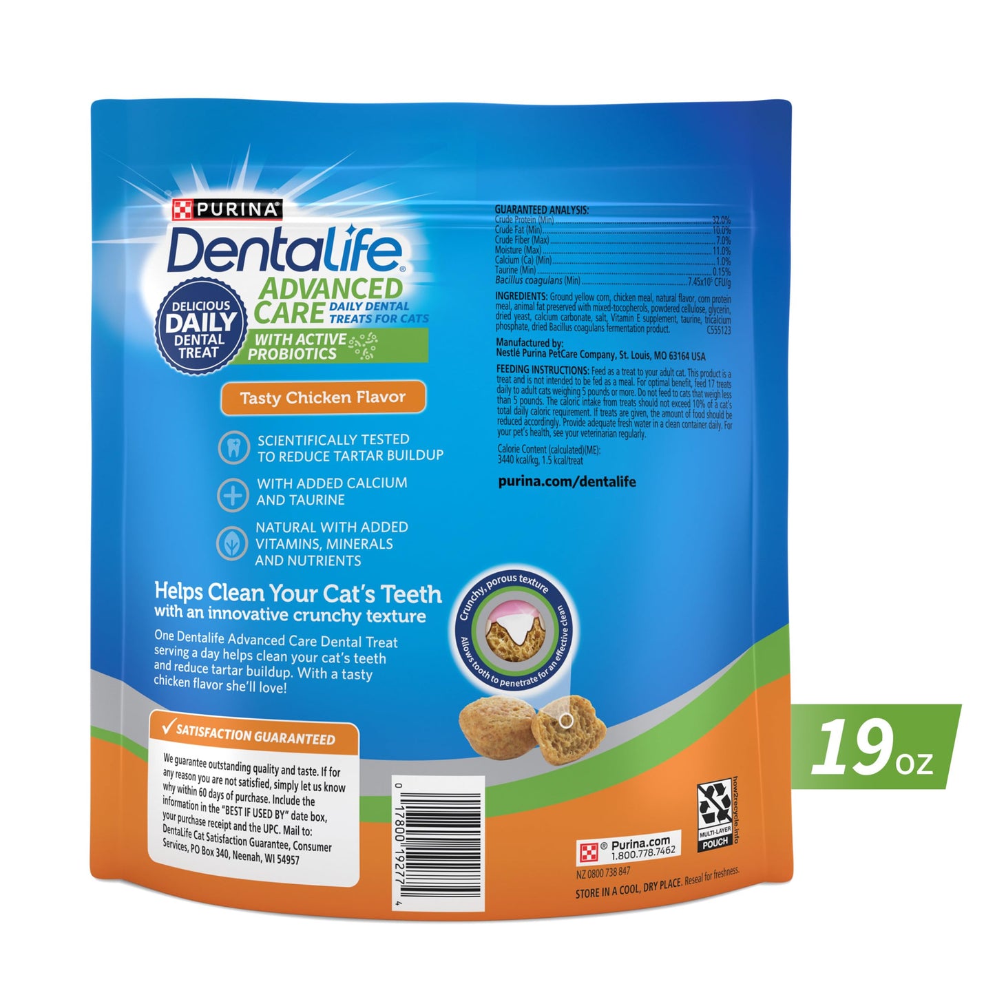 Purina DentaLife Made in USA Facilities Cat Dental Treats, Tasty Chicken Flavor - 19 oz. Pouch