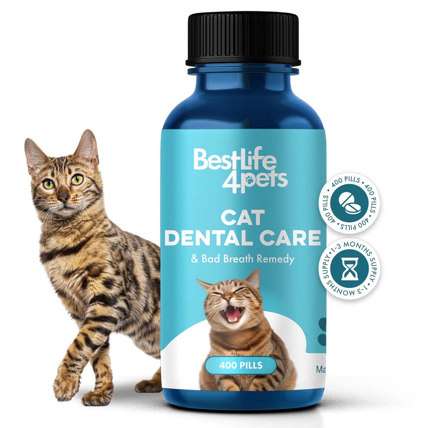 Cat Dental Care & Bad Breath Remedy, Natural Oral Health for Cats Teeth, Mouth, Gums, Daily Cat Breath Freshener, Plaque and Tartar Control Help Gingivitis and Stomatitis, Easy to Use 400 Tiny Pills