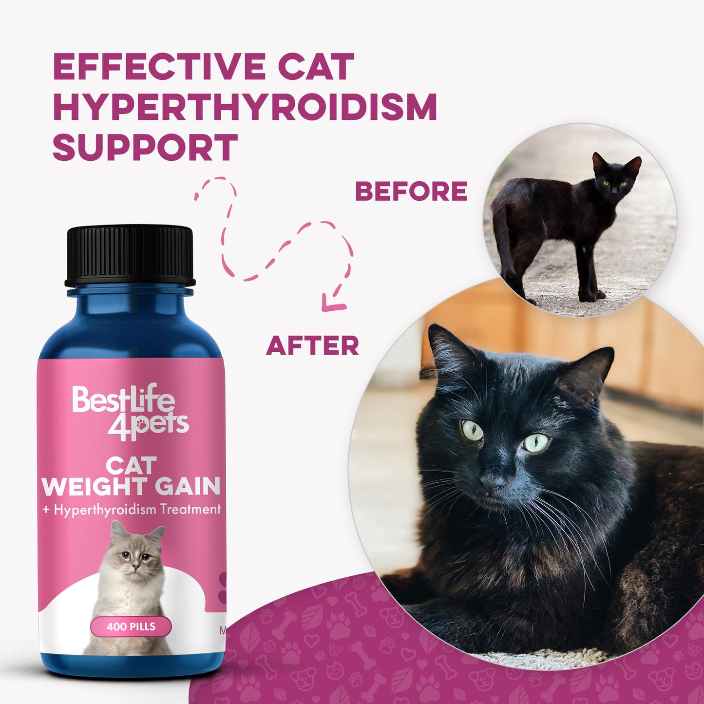 Cat Weight Gain & Hyperthyroidism Treatment, Safe and Effective Cat Appetite Stimulant, Thyroid and Metabolic Support, Weight Management Remedy, 400 All-Natural Odorless, Tasteless Pills