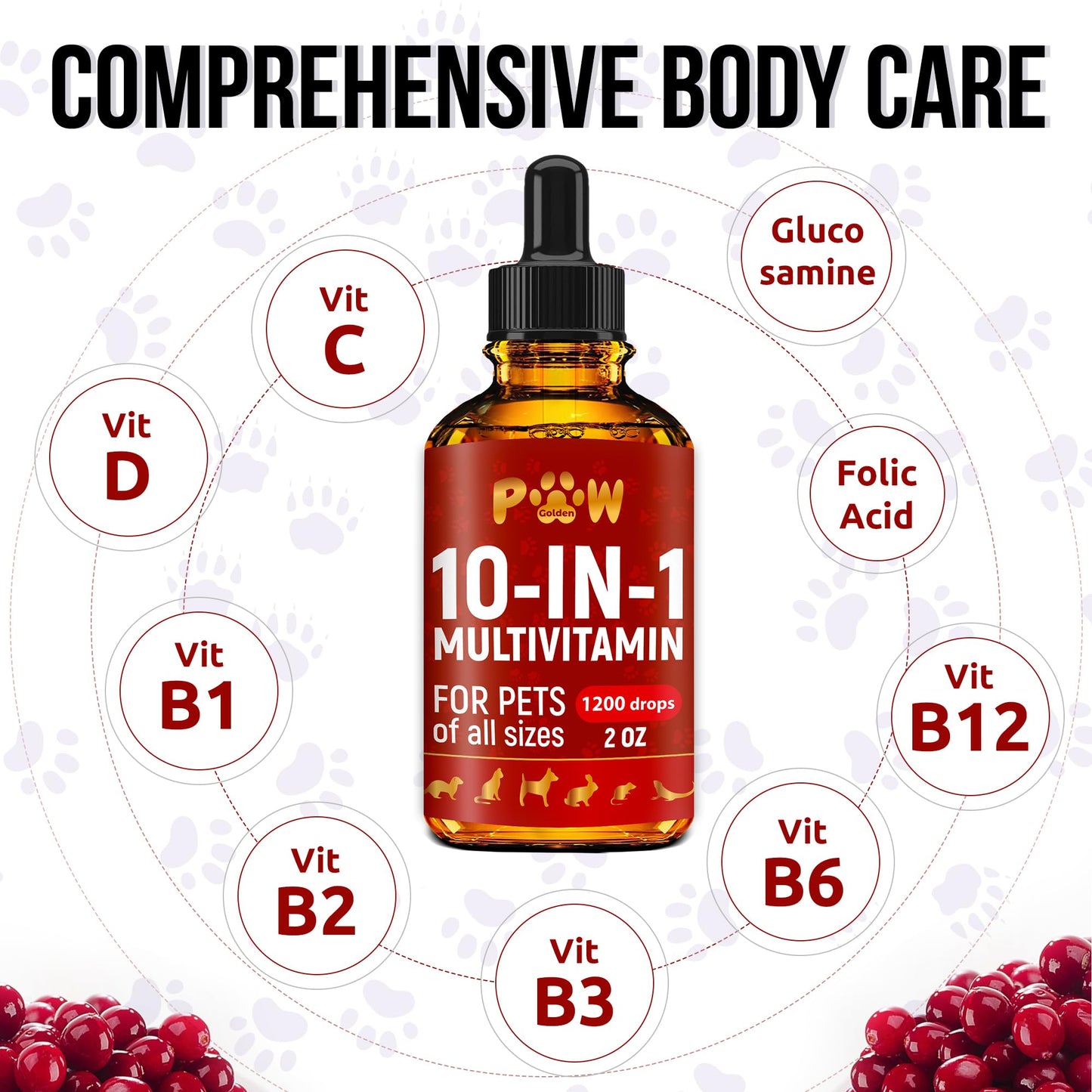 Liquid Multivitamin for Dogs | 10-in-1 Multivitamin for Cats | Vitamin B Complex for Cats & Dogs | Cranberry Supplement | for Urination, Digestion, Breathing & Movement | for All Pets Ages | 2 Oz