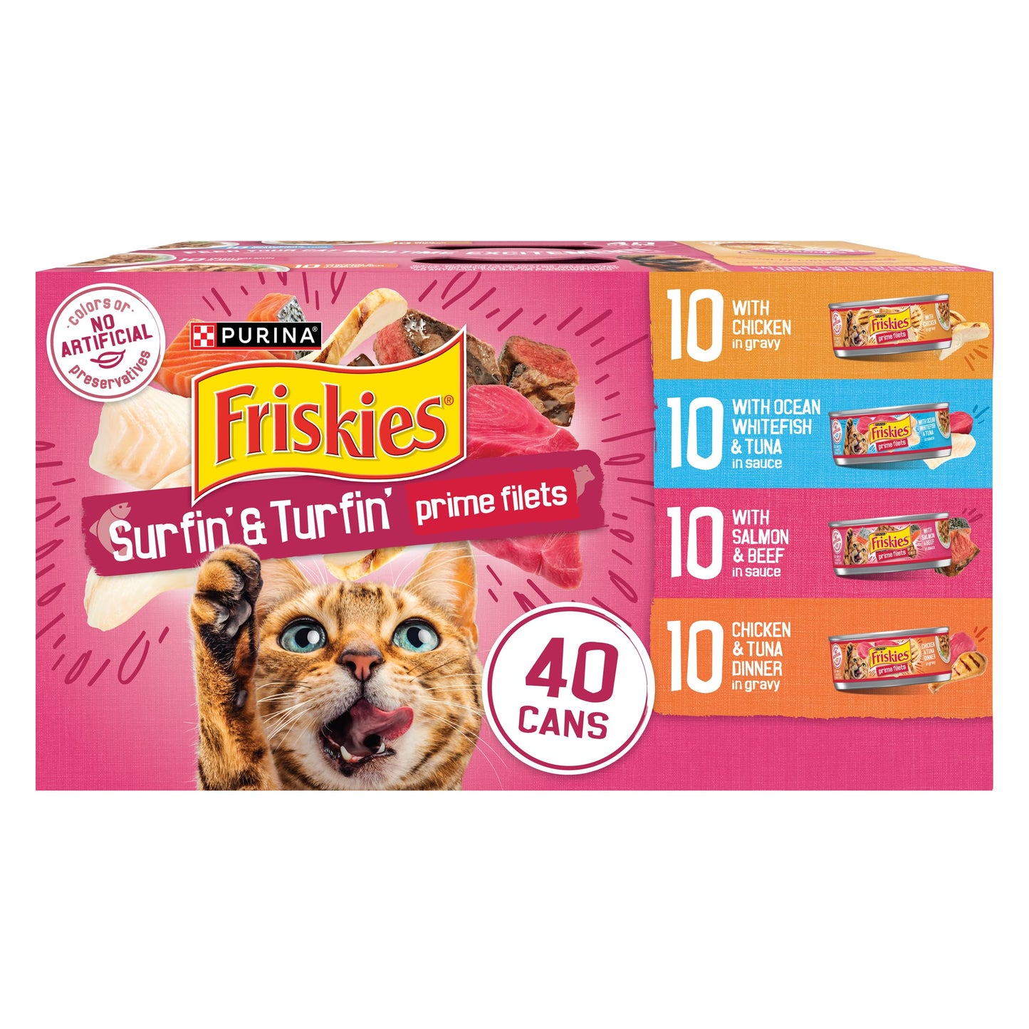 Purina Friskies Gravy Wet Cat Food Variety Pack, Surfin’ and Turfin’ Prime Filets Favorites - (Pack of 40) 5.5 oz. Cans