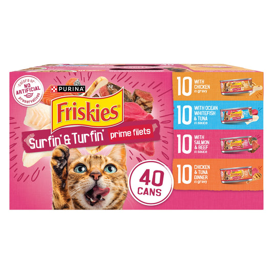 Purina Friskies Gravy Wet Cat Food Variety Pack, Surfin’ and Turfin’ Prime Filets Favorites - (Pack of 40) 5.5 oz. Cans