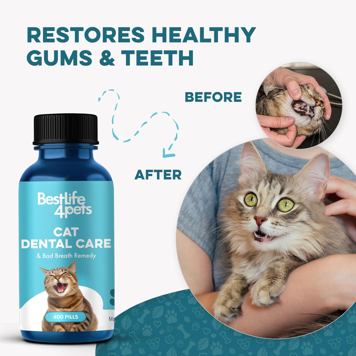 Cat Dental Care & Bad Breath Remedy, Natural Oral Health for Cats Teeth, Mouth, Gums, Daily Cat Breath Freshener, Plaque and Tartar Control Help Gingivitis and Stomatitis, Easy to Use 400 Tiny Pills