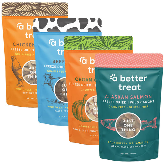 A Better Treat – Freeze Dried Organic Pumpkin, Wild Caught Salmon, Grass Fed Beef, Free-Range Chicken Dog and Cat Treats | Natural, Healthy, Diabetic Friendly | Made in The USA