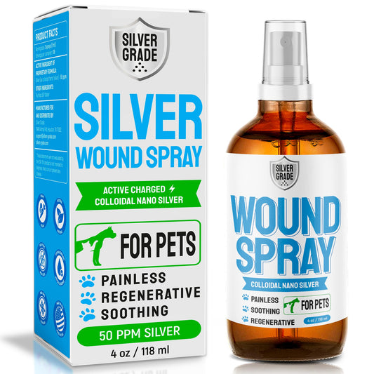 SILVER GRADE Wound Spray for Pets ● Colloidal Silver Wound and Skin Care for Dogs & Cats ● Helps with Rashes, Hot Spots, Itch, Scratching, Skin Irritation, Bites & Burns ● Safe if Licked (4 oz)