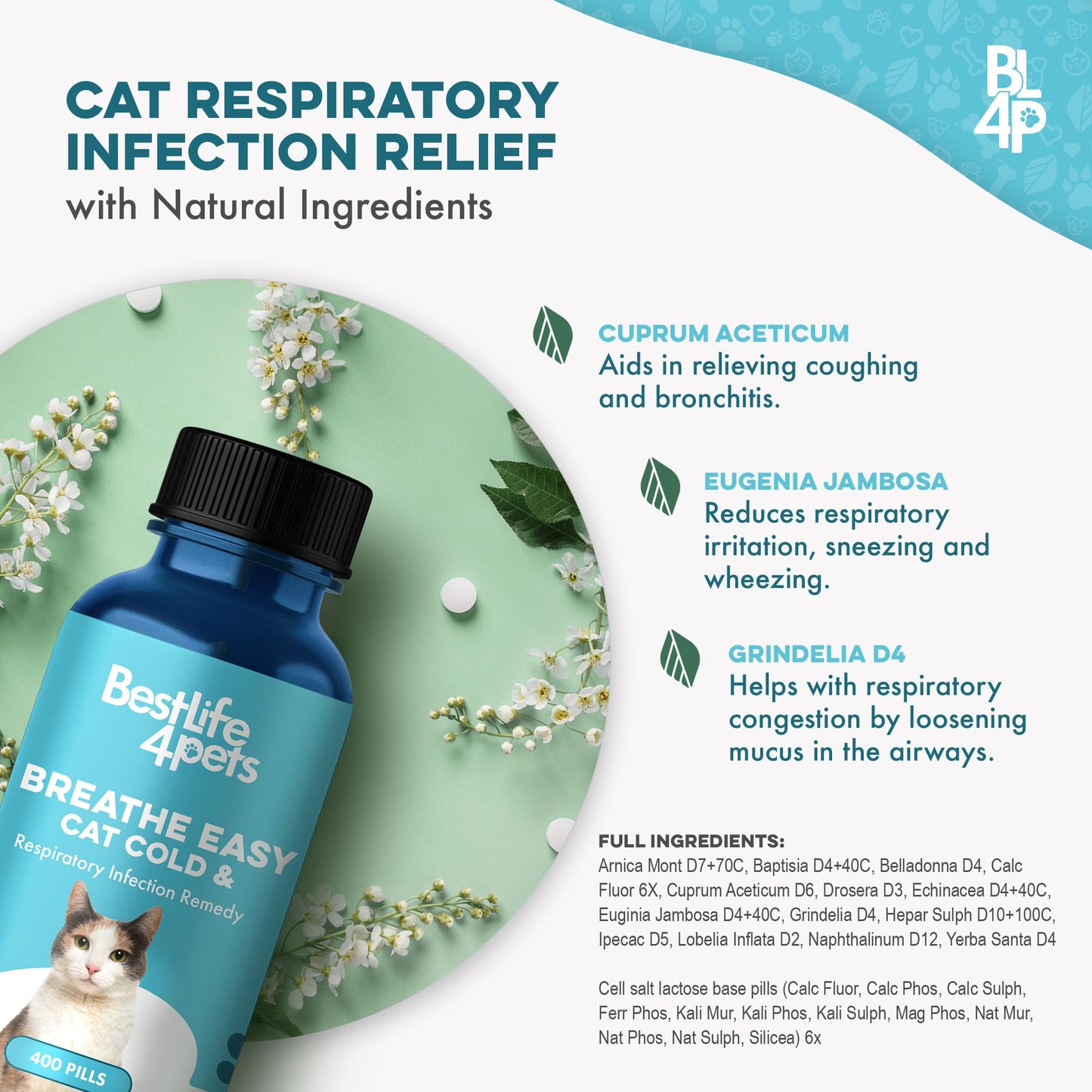 Cat Cold & Respiratory Infection Remedy, Breathe Easy Upper Respiratory Treatment for Cats Provides Natural Relief for Sneezing, Coughing, Nasal Congestion and Asthma, 400 Odorless, Tasteless Pills