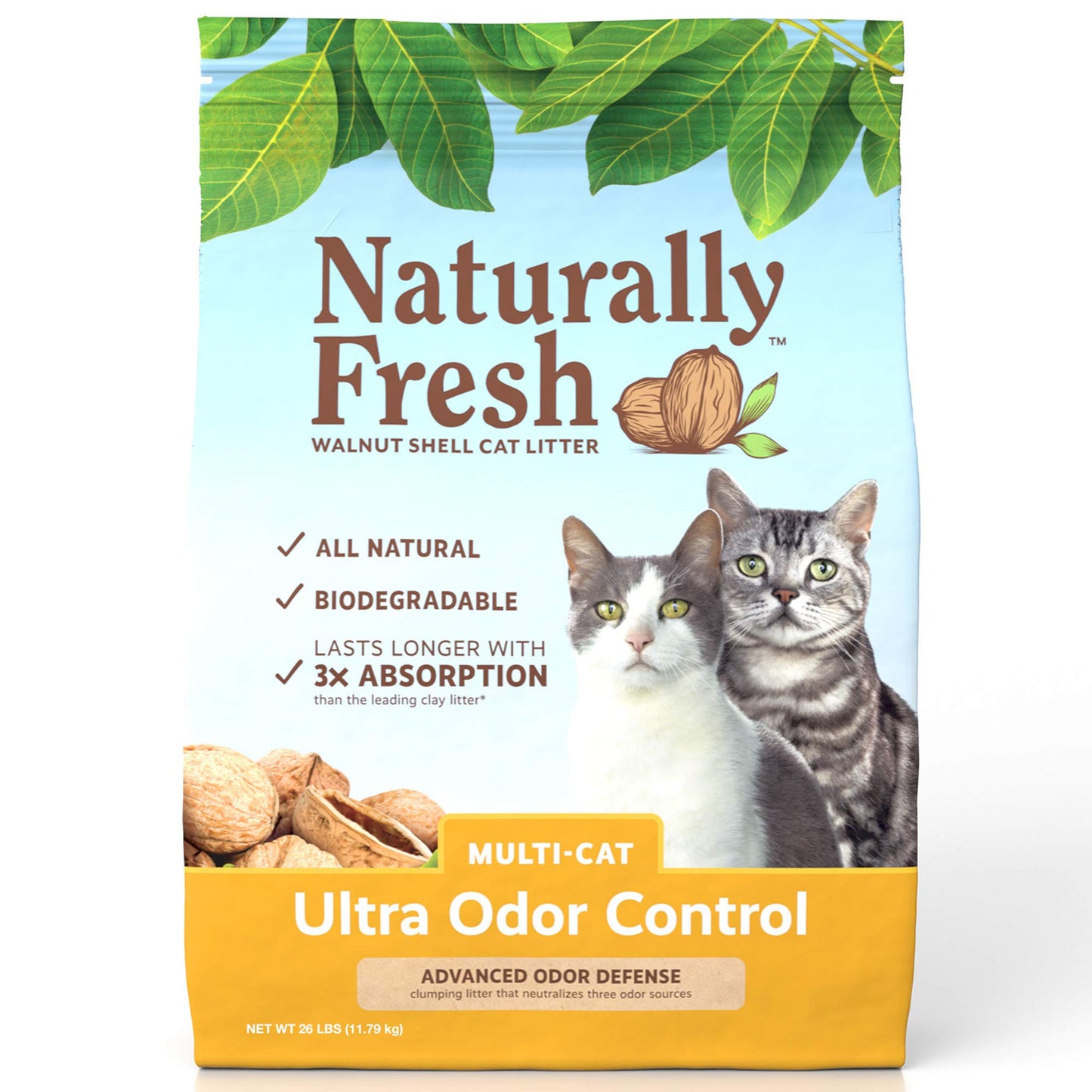 Naturally Fresh Cat Litter Made From Walnut Shells, Multi-Cat, Ultra Odor Control, Unscented, Upcycled, Sustainable, 26 Lbs