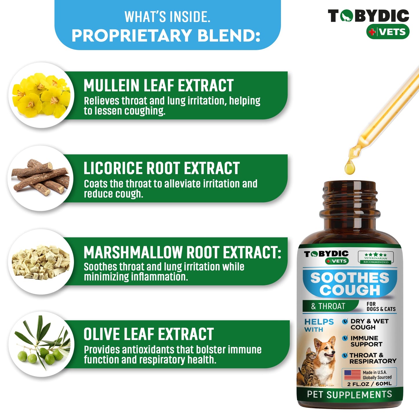 Tobydic Dry & Wet Cough Natural Medicine & Relief for Dogs and Cats - Herbal Treatment Support Helps to Soothe Throat & Respiratory Trachea Comfort Supplement for Pets - Made in USA