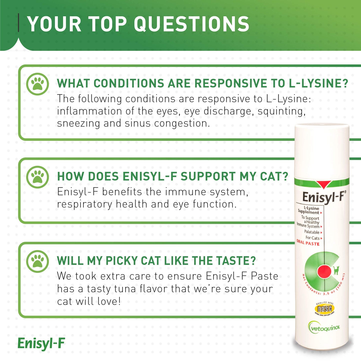 Vetoquinol Enisyl-F Oral Paste: L-Lysine Supplement for Cats - Tuna Flavor, 3.5oz (100mL) Pump