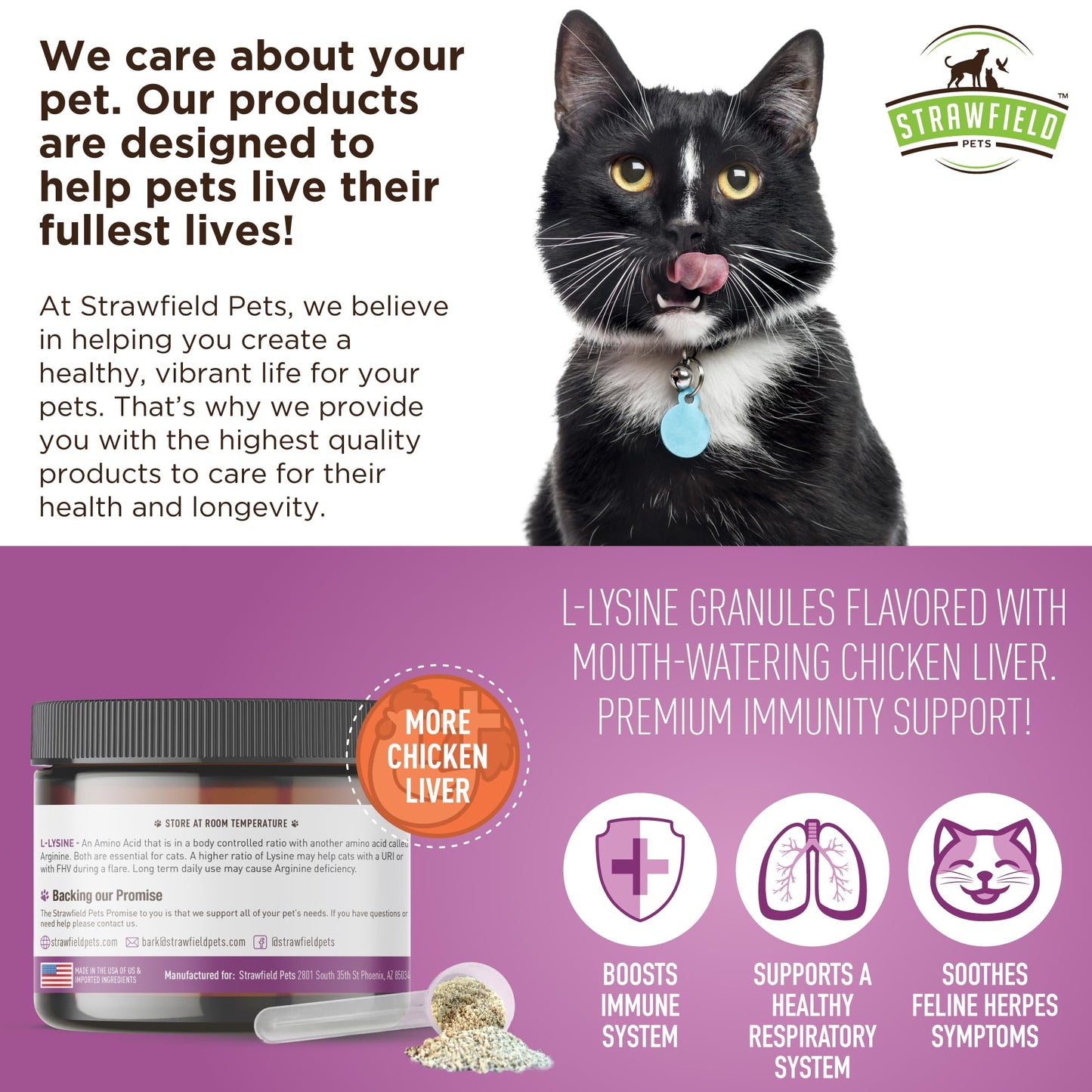 Strawfield Pets L-Lysine Immune Support for Cats & Kittens - 200g Chicken Liver Flavor Granules with Scoop, Immune Health Supplement Cat Cold Relief, Sneezing, Congestion, Running Nose, Watery Eyes