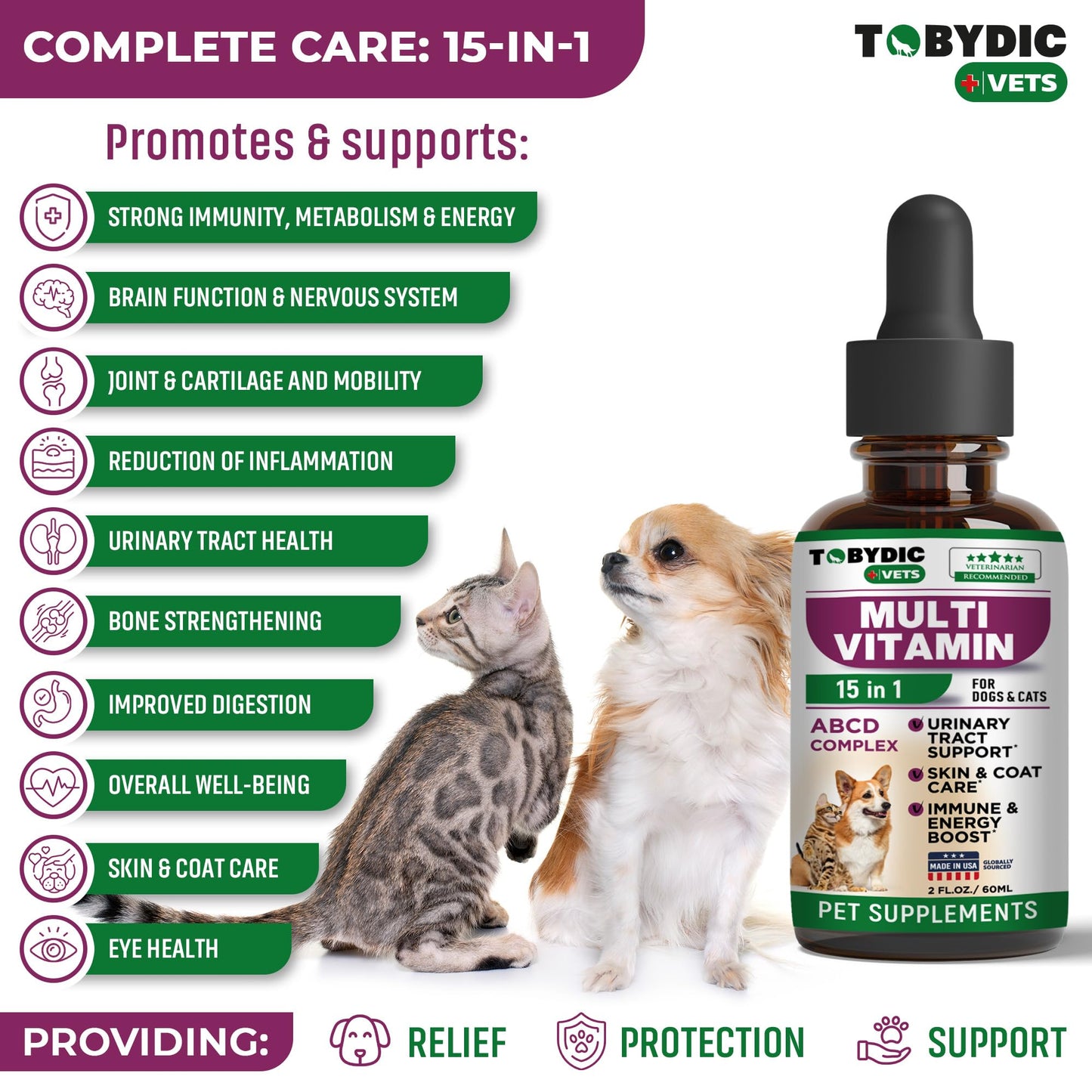 TOBYDIC Cat & Dog Multivitamin -15 in 1 Pet Supplements with Cranberry & Glucosamine - Natural Medicine & Support for UTI, Urinary Tract, Bladder, Kidney, Skin Coat, Joints Treatment Made in USA