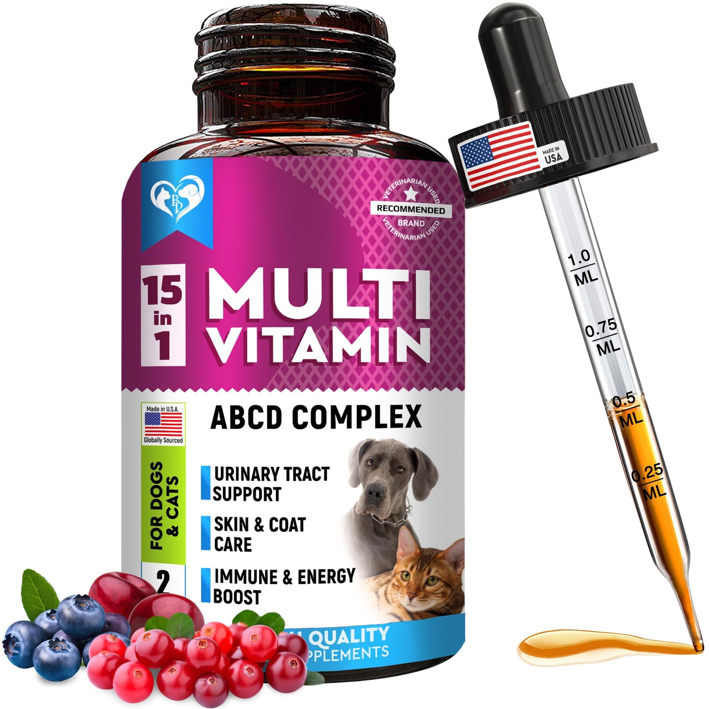 Cat & Dog Multivitamin Liquid with Glucosamine & Cranberry | 15 in 1 Health Supplements for Urinary Tract Kidney, Bladder, Hip & Joint, Skin & Coat | Natural UTI Medicine Made in USA (60 ml)