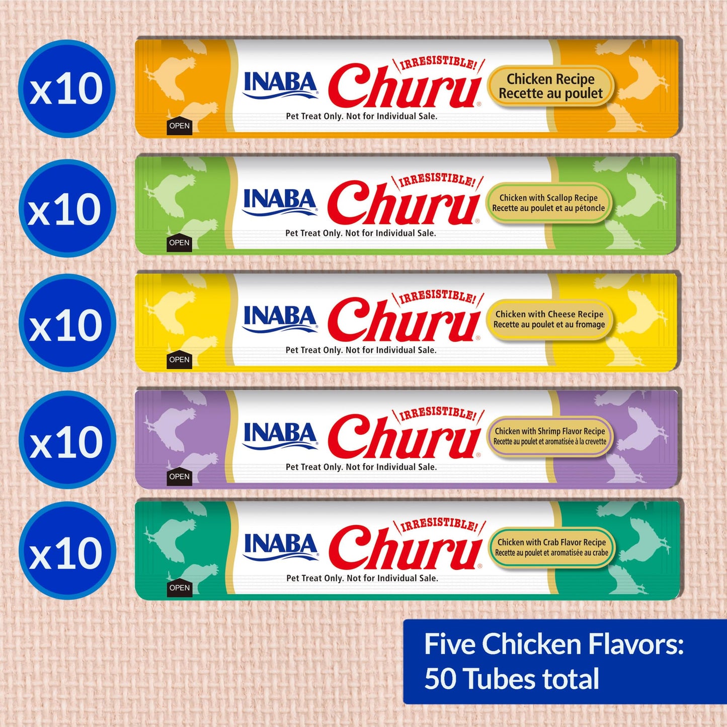 INABA Churu Cat Treats, Grain-Free, Lickable, Squeezable Creamy Purée Cat Treat/Topper with Vitamin E & Taurine, 0.5 Ounces Each Tube, 50 Tubes, Chicken Variety