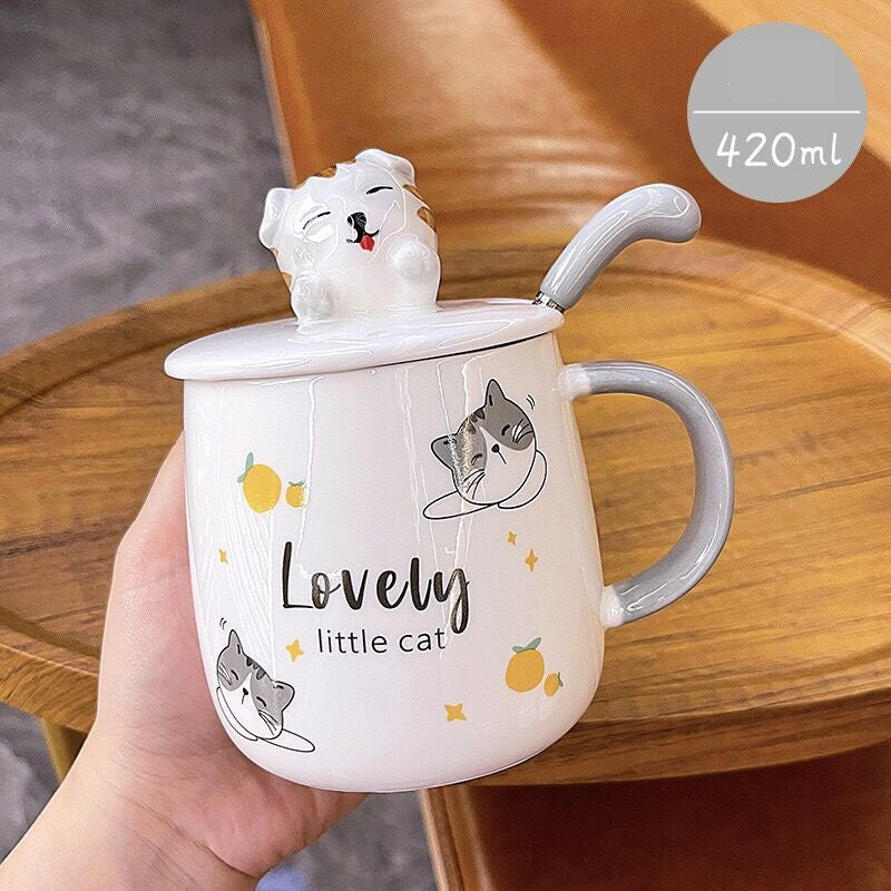 Cartoon Cat Mug With Lid Spoon Cute Ceramic