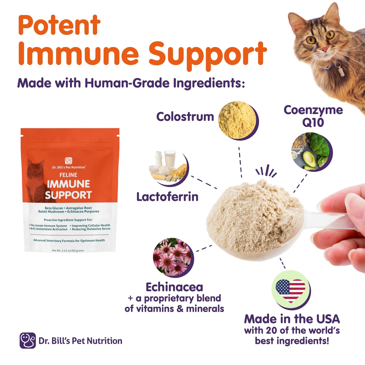 Dr. Bill’s Feline Immune Support Cat Vitamins and Supplements | Cat Immune Support | Colostrum Vitamins for Cats | Includes Beta Glucan, Lactoferrin, Colostrum, Zinc, Coenzyme Q-10, Bifidobacterium