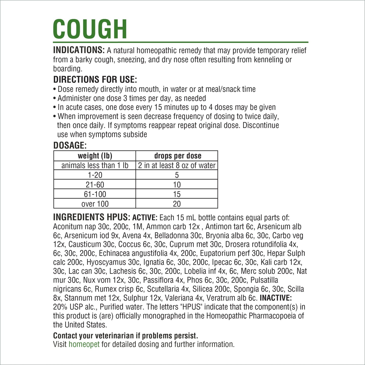 HomeoPet Cough, Gentle Natural Cough Medicine for Dogs, Cats, and Small Pets, Cat and Dog Cough Medicine, 15 Milliliters