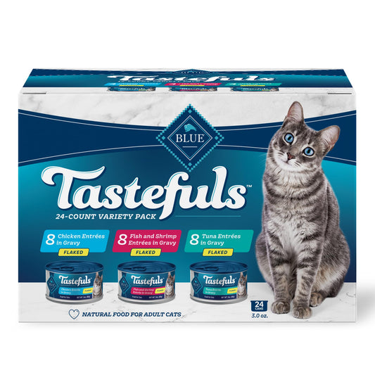 Blue Buffalo Tastefuls Natural Flaked Wet Cat Food Variety Pack, Tuna, Chicken and Fish & Shrimp Entrées in Gravy 3-oz Cans (24 Count)