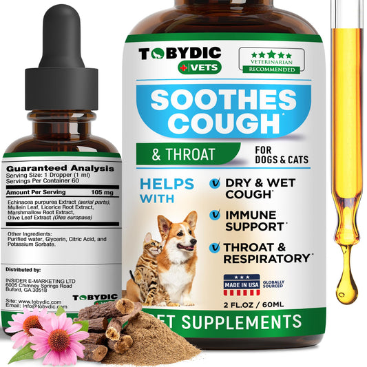 Tobydic Dry & Wet Cough Natural Medicine & Relief for Dogs and Cats - Herbal Treatment Support Helps to Soothe Throat & Respiratory Trachea Comfort Supplement for Pets - Made in USA