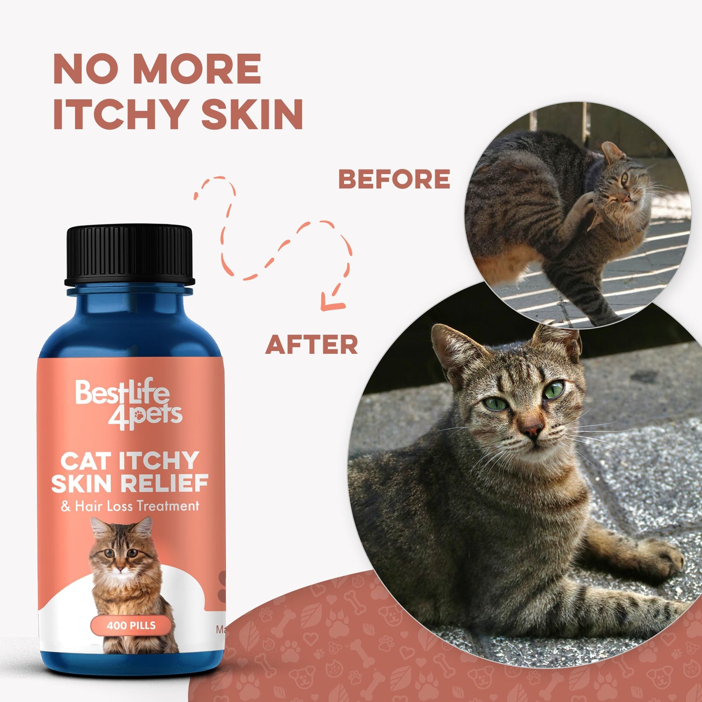 Cat Itchy Skin Relief & Hair Loss Treatment, Holistic Allergy Relief for Cats Calms Dry Skin, Dandruff & Reduces Licking, Scratching, Patchy, Matted and Shedding Fur, 400 Easy to Use Pills