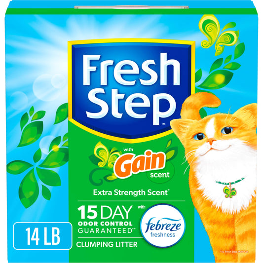 Fresh Step Clumping Cat Litter with Febreze Gain Scent, Long Lasting Odor Control Kitty Litter with Activated Charcoal, Low Dust Formula, 14 lb