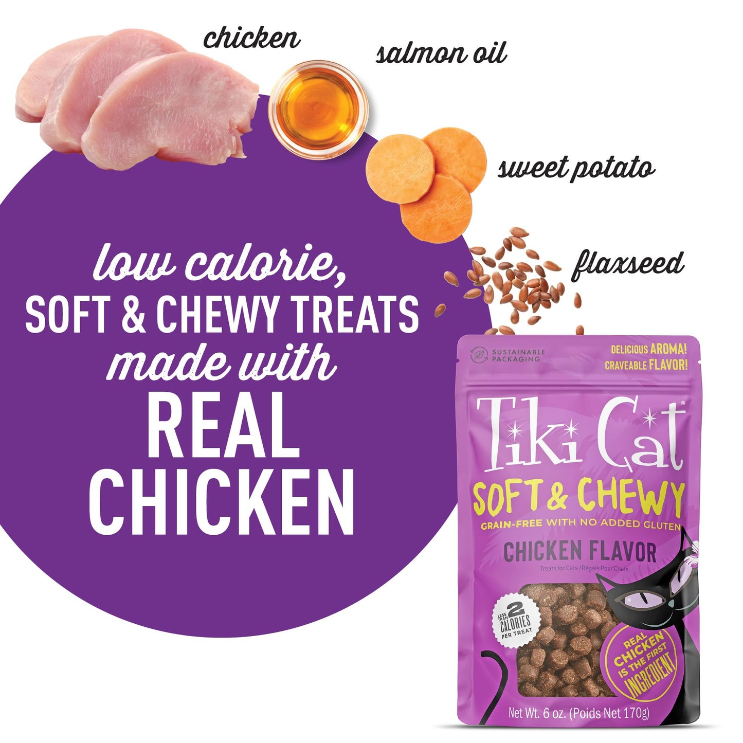 Tiki Cat Soft & Chewy Treats, Chicken Flavor, 3 Calories Per Treat with Grain-Free and No Added Gluten, 6 oz Pouch (Pack of 1)