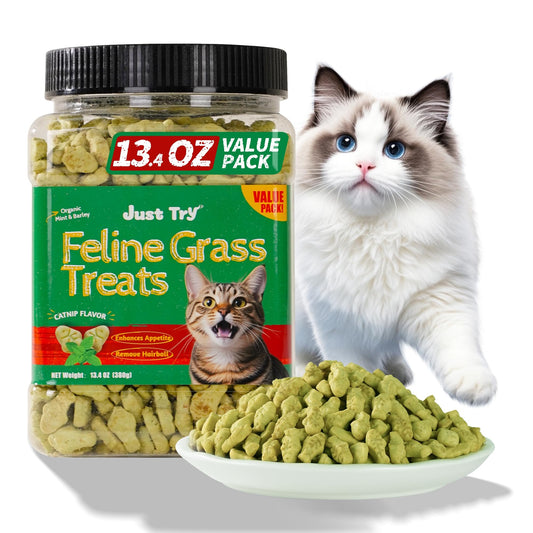 Just Try 13.4 OZ Cat Treats, Cat Grass Treats, Natural Salmon Flavor Healthy Cat Snacks, Training Biscuits Treats for Cats, Catnip for Cats, Dental and Hairball Control Treats