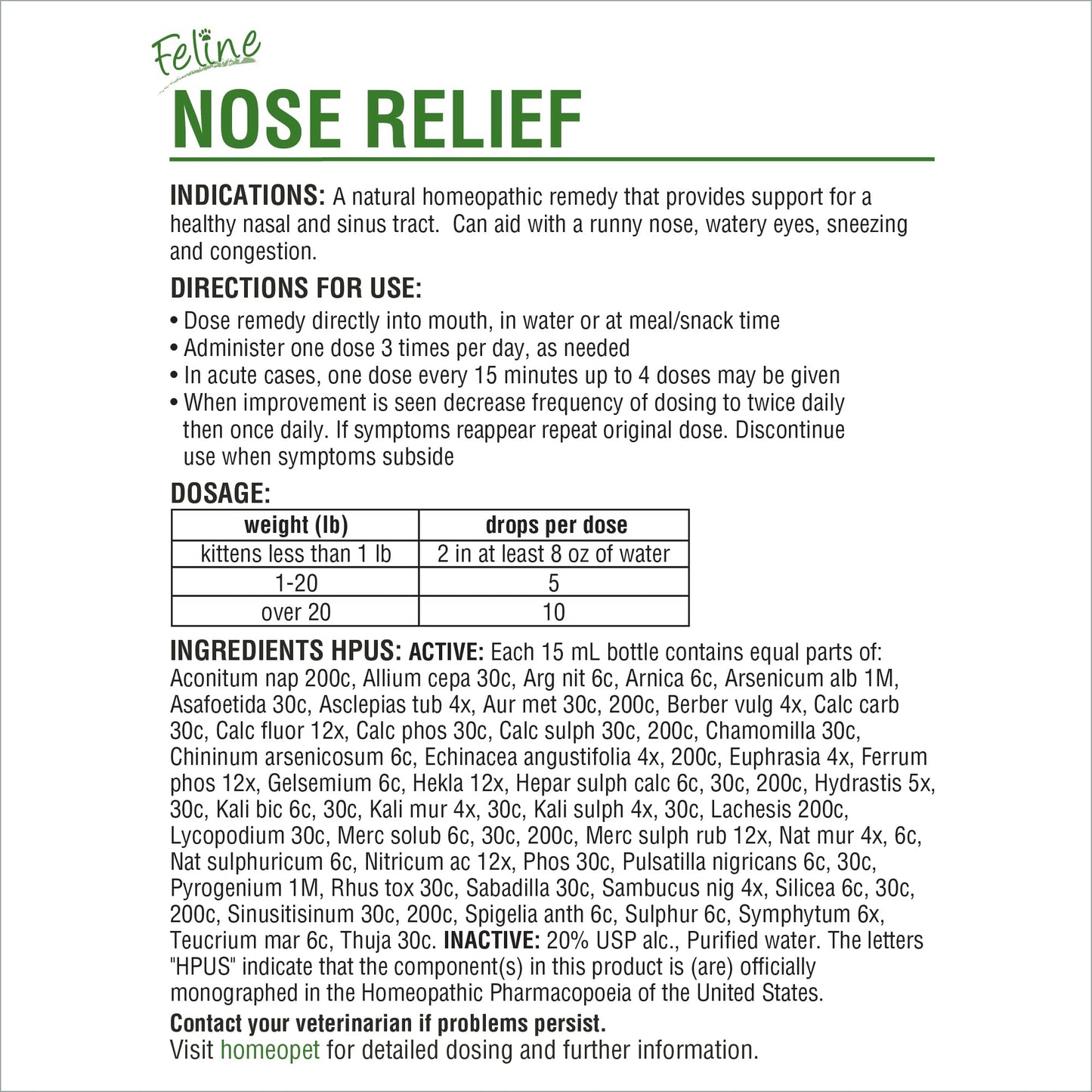 HomeoPet Feline Nose Relief, Natural Nasal and Sinus Medicine for Cats, Pet Medicine, 15 Milliliters