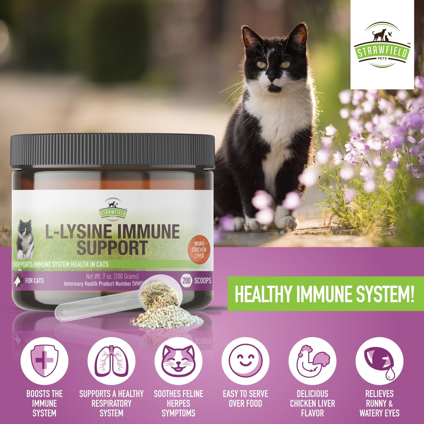 Strawfield Pets L-Lysine Immune Support for Cats & Kittens - 200g Chicken Liver Flavor Granules with Scoop, Immune Health Supplement Cat Cold Relief, Sneezing, Congestion, Running Nose, Watery Eyes