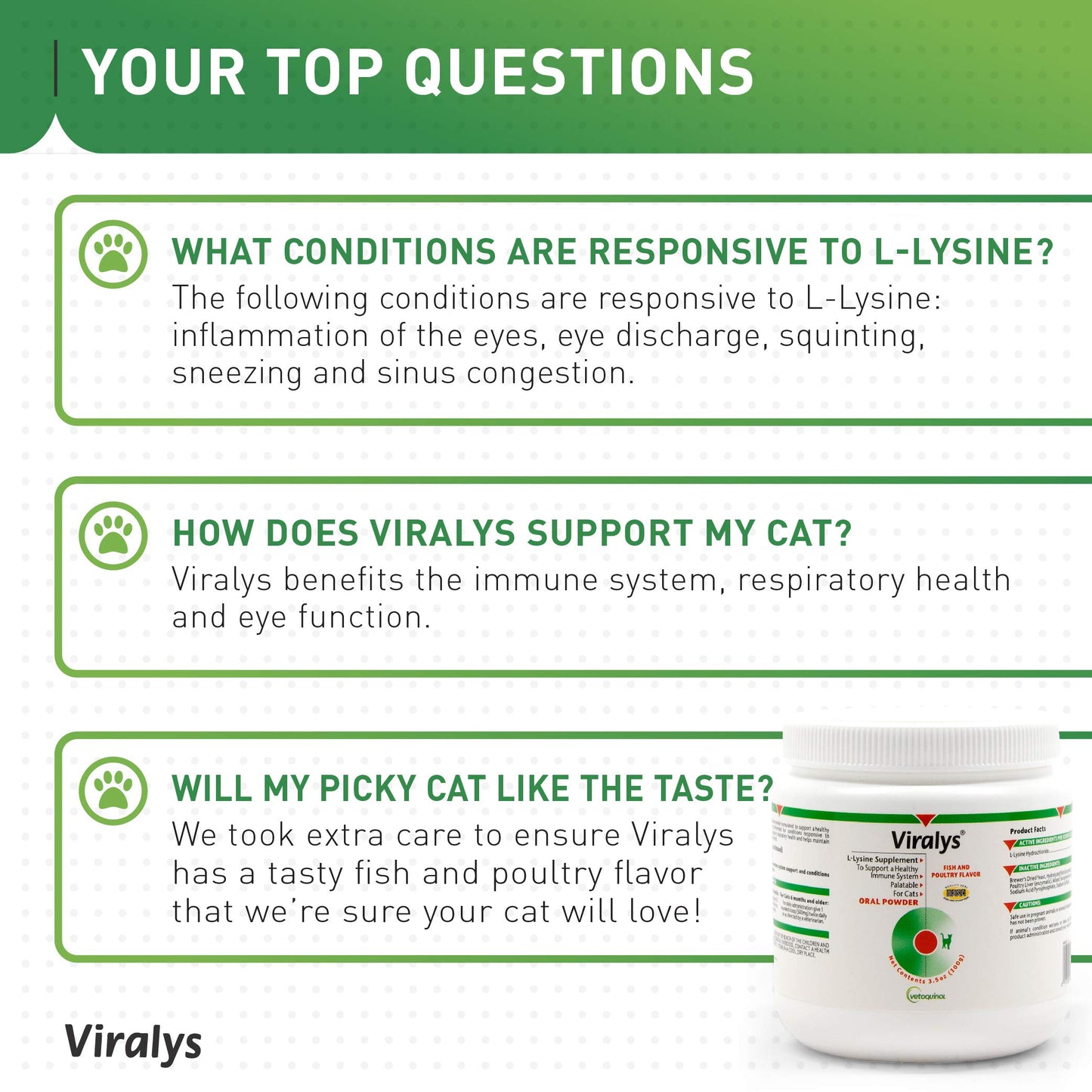 Vetoquinol Viralys L-Lysine Supplement for Cats - Cats & Kittens of All Ages - Immune Health - Sneezing, Runny Nose, Squinting, Watery Eyes - Flavored Lysine Powder