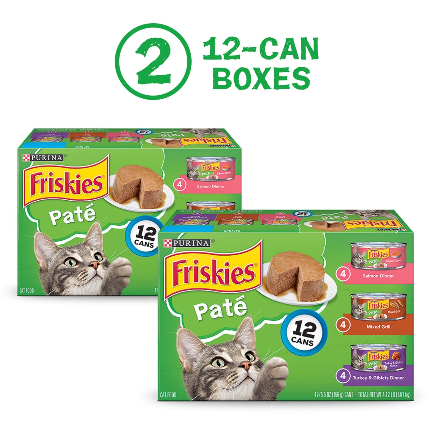 Purina Friskies Wet Cat Food Pate Variety Pack Salmon Dinner, Turkey and Giblets Dinner and Mixed Grill - (2 Packs of 12) 5.5 oz. Cans