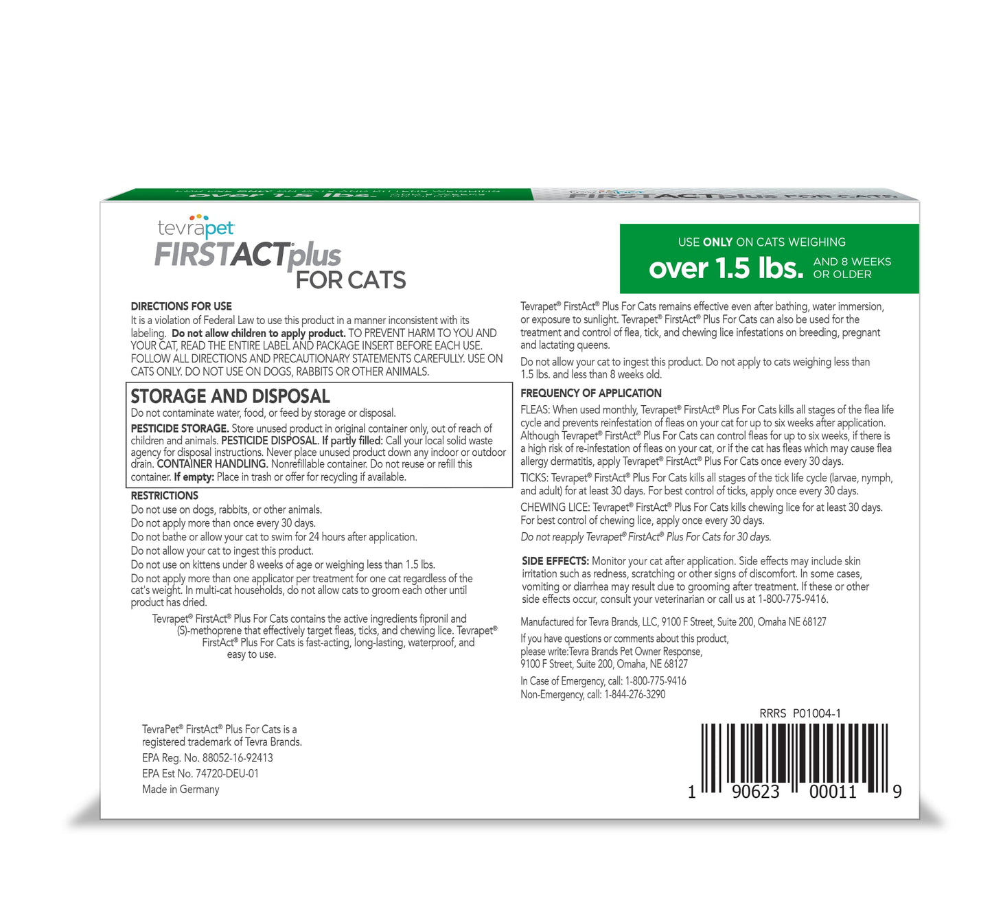 TevraPet FirstAct Plus Flea and Tick Topical for Cats over 1.5lbs, 3 Dose Waterproof Flea and Tick Control/Prevention for 3 Months