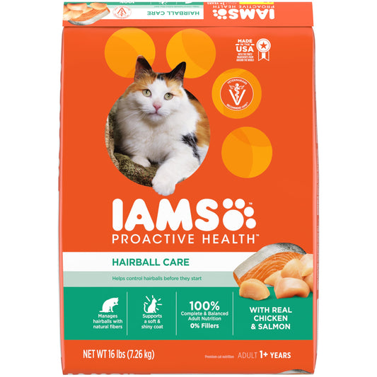 IAMS PROACTIVE HEALTH Adult Hairball Care Dry Cat Food with Chicken and Salmon Cat Kibble, 16 lb. Bag