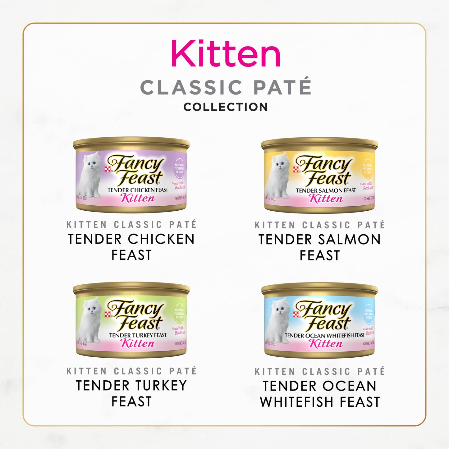 Purina Fancy Feast Tender Ocean Whitefish, Turkey, Chicken and Salmon Feasts Wet Kitten Food Variety Pack - (Pack of 24) 3 oz. Boxes