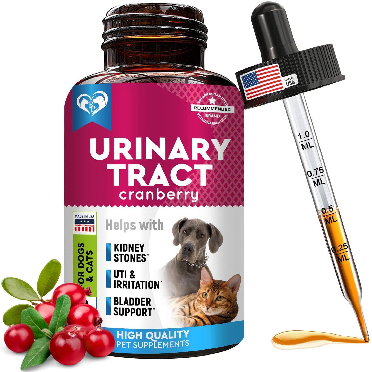 Cat & Dog Urinary Tract Infection Treatment & Natural UTI Medicine Cranberry-Kidney+Bladder Support Supplement - Best Prevention Incontinence, Bladder Stones - Pet Renal Health & UTI Care Drops