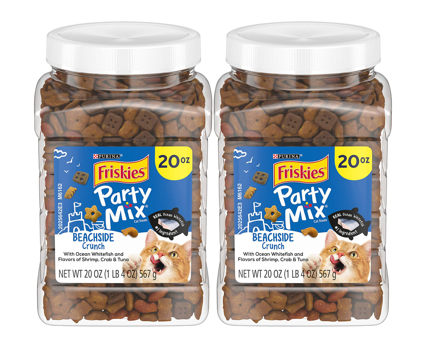 Purina Friskies Party Mix Cat Treats, Beachside Crunch, Made with Ocean Whitefish, Crunchy Cat Treats for Adult Cats, 20-Ounce Resealable Canister (Pack of 2)