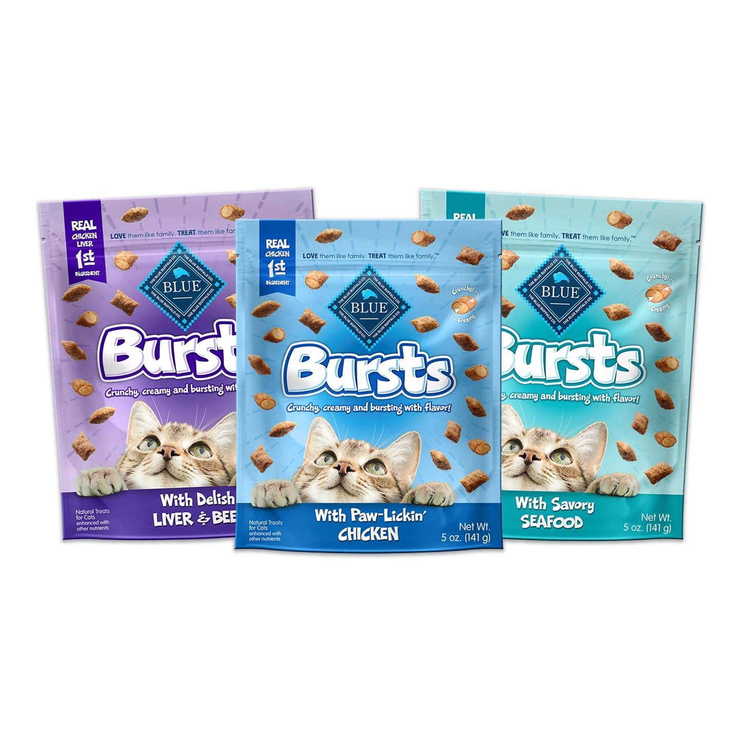 Blue Buffalo Bursts Crunchy Cat Treats Variety Pack, Chicken, Chicken Liver and Beef, and Seafood 5-oz Bags (3 count)