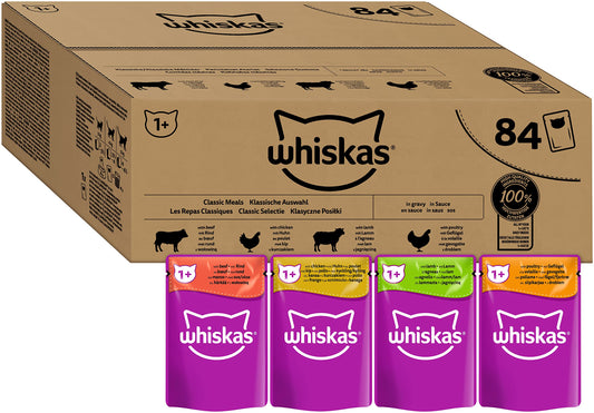 Whiskas 1+ Katzennassfutter Klassische Auswahl in Sauce, 84x85g (1 Großpackung) – Hochwertiges Nassfutter für ausgewachsene Katzen in 84 Portionsbeuteln