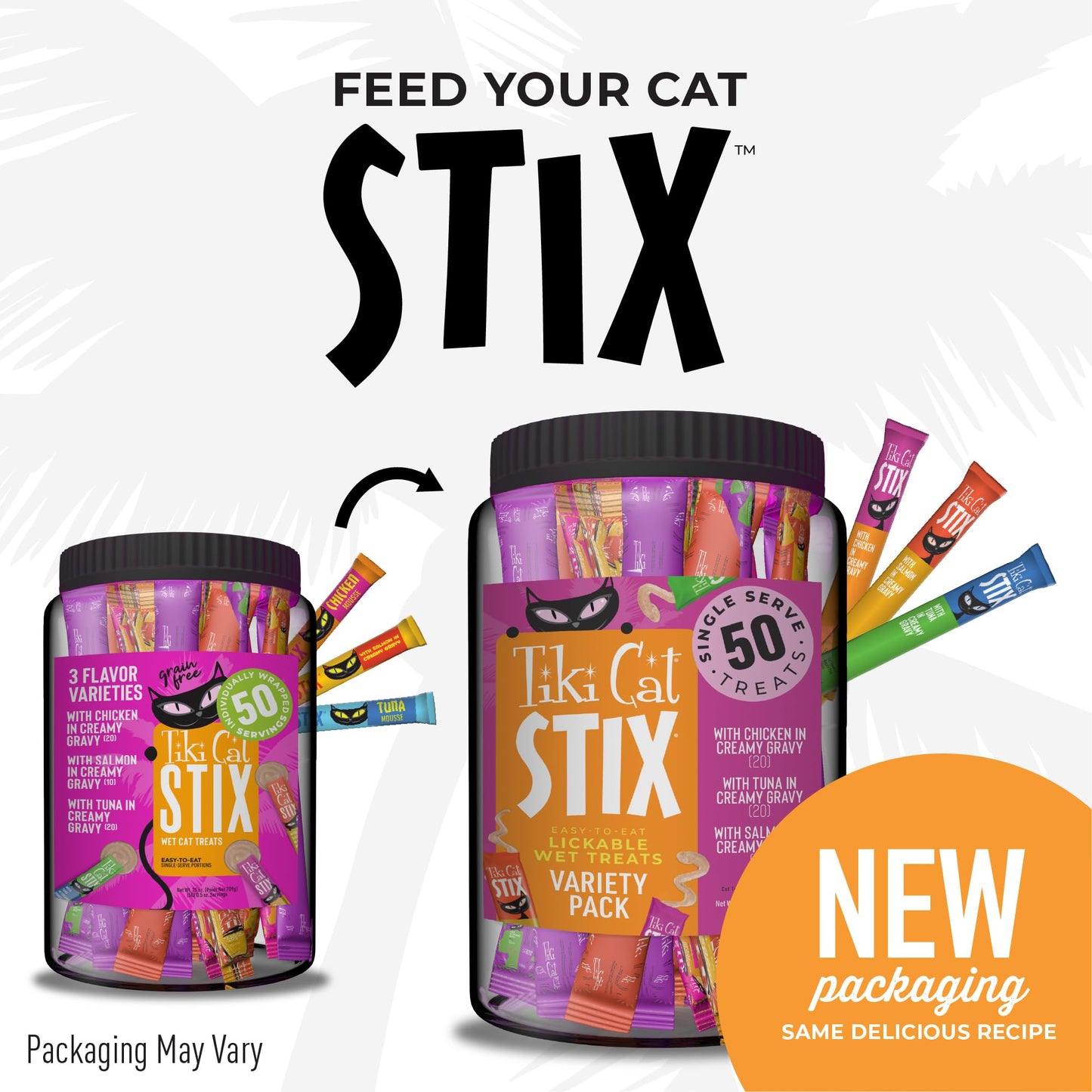 Tiki Cat Stix Mousse Treats, Variety Mega Jar, Single Serve Indulgent Lickable Treat or Dry Food Topper, 50 Count, 25 oz. (0.5 oz./Stick)