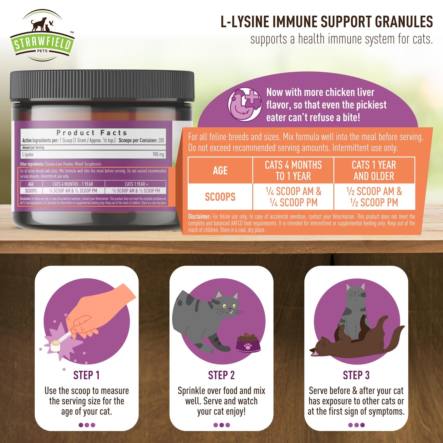 Strawfield Pets L-Lysine Immune Support for Cats & Kittens - 200g Chicken Liver Flavor Granules with Scoop, Immune Health Supplement Cat Cold Relief, Sneezing, Congestion, Running Nose, Watery Eyes