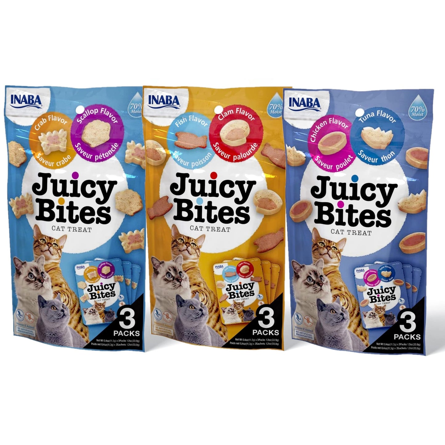 INABA Juicy Bites Grain-Free, Soft, Moist, Chewy Cat Treats with Vitamin E and Green Tea Extract, 0.4 Ounces per Pouch, 9 Pouches (3 per Pouch), 3 Flavor Variety Pack