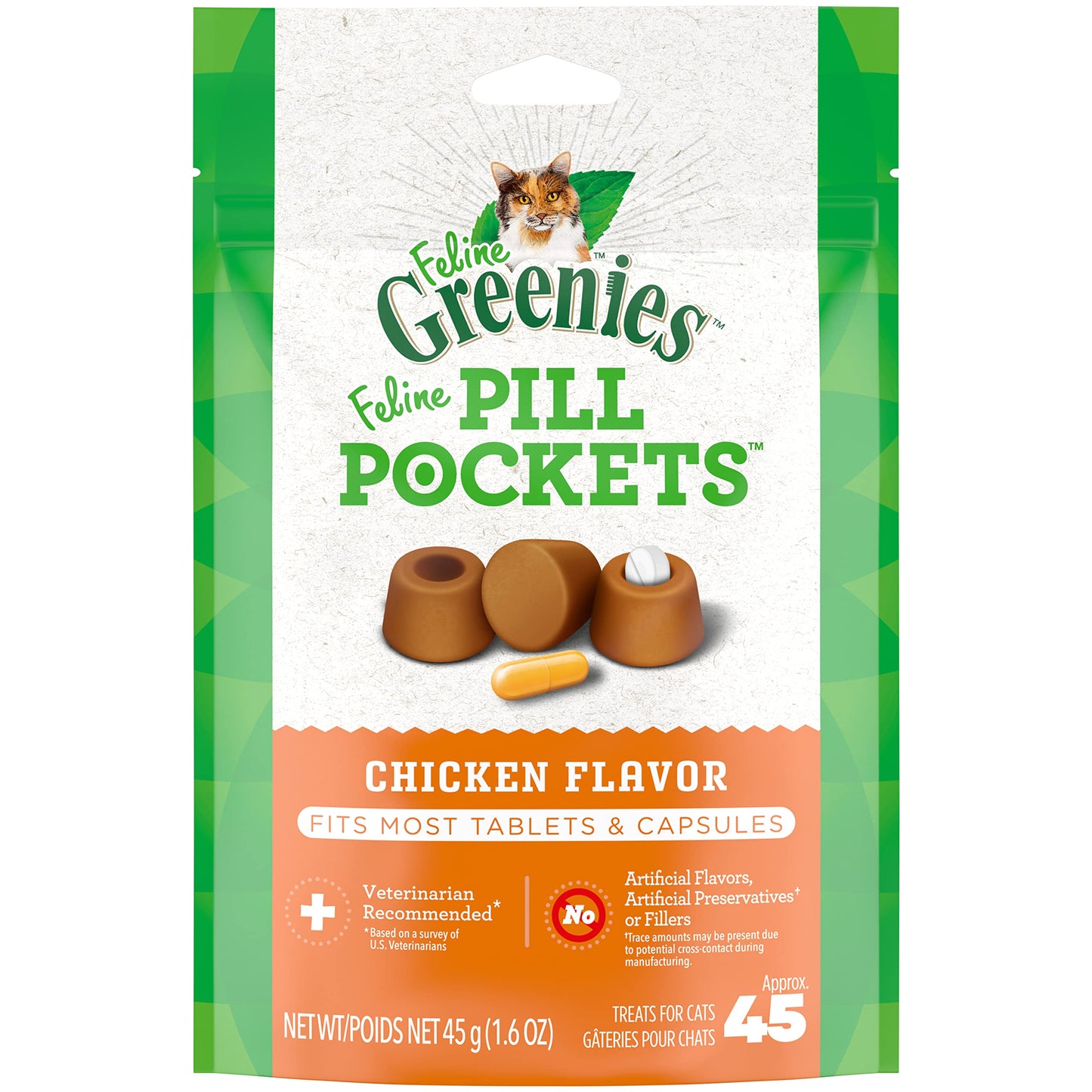 Greenies Feline Pill Pockets for Cats Natural Soft Cat Treats, Chicken Flavor, 1.6 oz. Pouch (45 Treats)