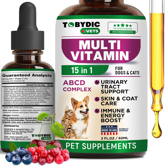 TOBYDIC Cat & Dog Multivitamin -15 in 1 Pet Supplements with Cranberry & Glucosamine - Natural Medicine & Support for UTI, Urinary Tract, Bladder, Kidney, Skin Coat, Joints Treatment Made in USA