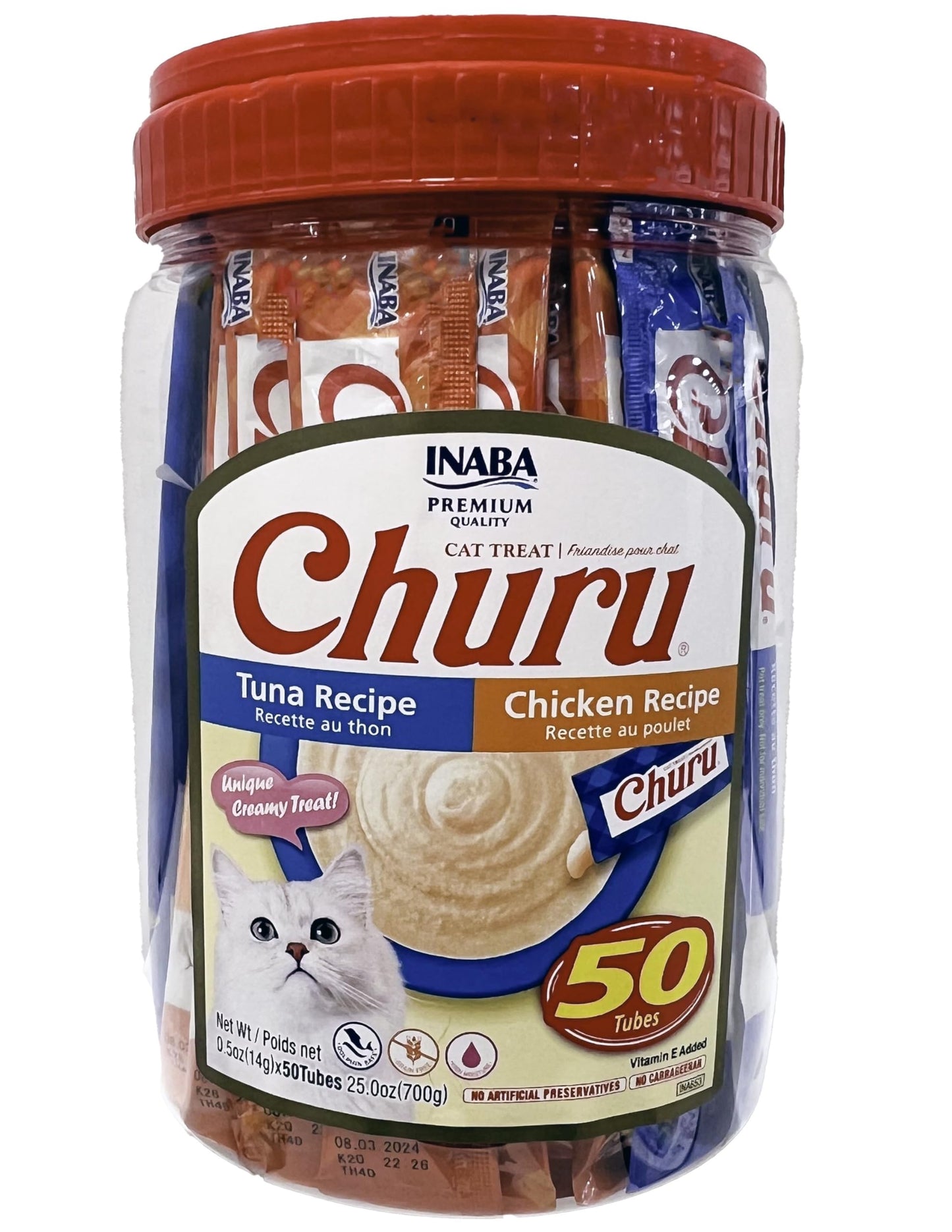 INABA Churu Cat Treats, Grain-Free, Lickable, Squeezable Creamy Purée Cat Treat/Topper, 25 Tuna & 25 Chicken