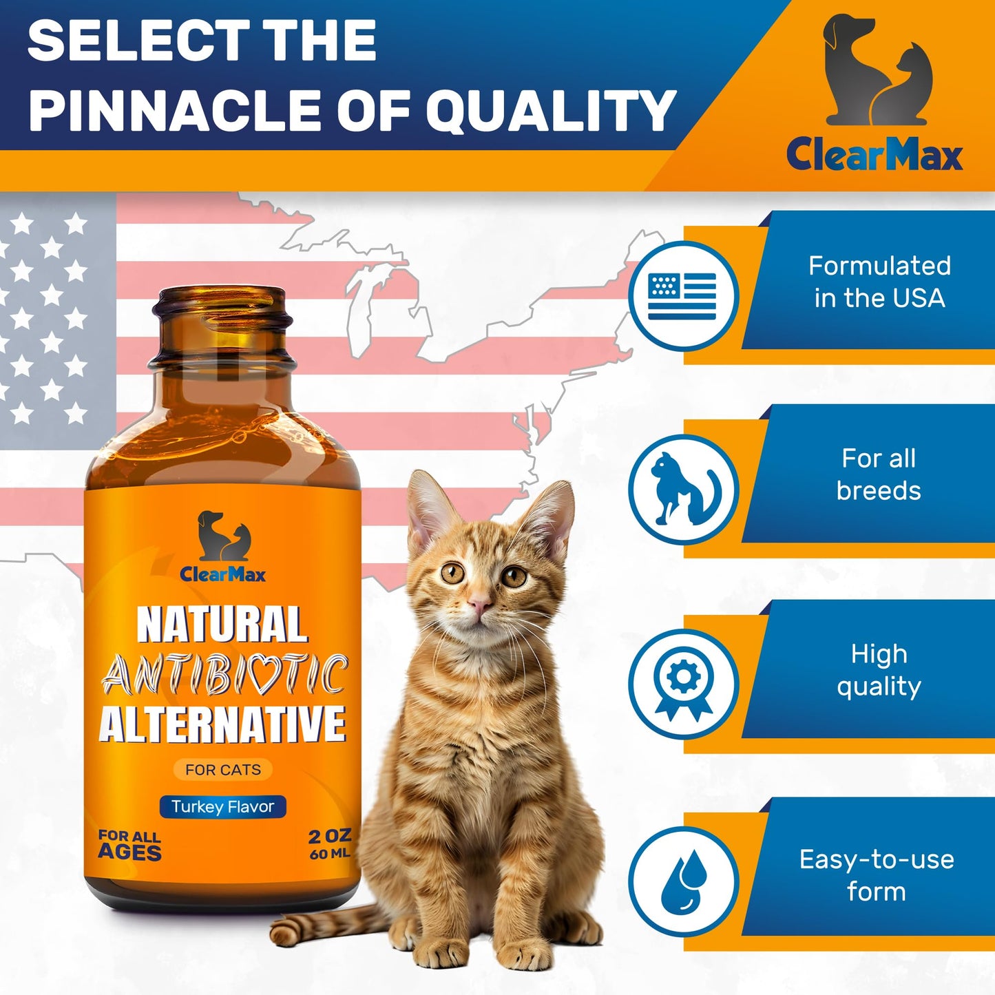 Antibiotics for Cats in Drops – Cat Antibiotics for Infection, Cough, UTIs, Allergies – Natural Supplement with Turkey Flavor May Support HIPS & Joints – Proper for All Ages & Breeds – 2 Oz