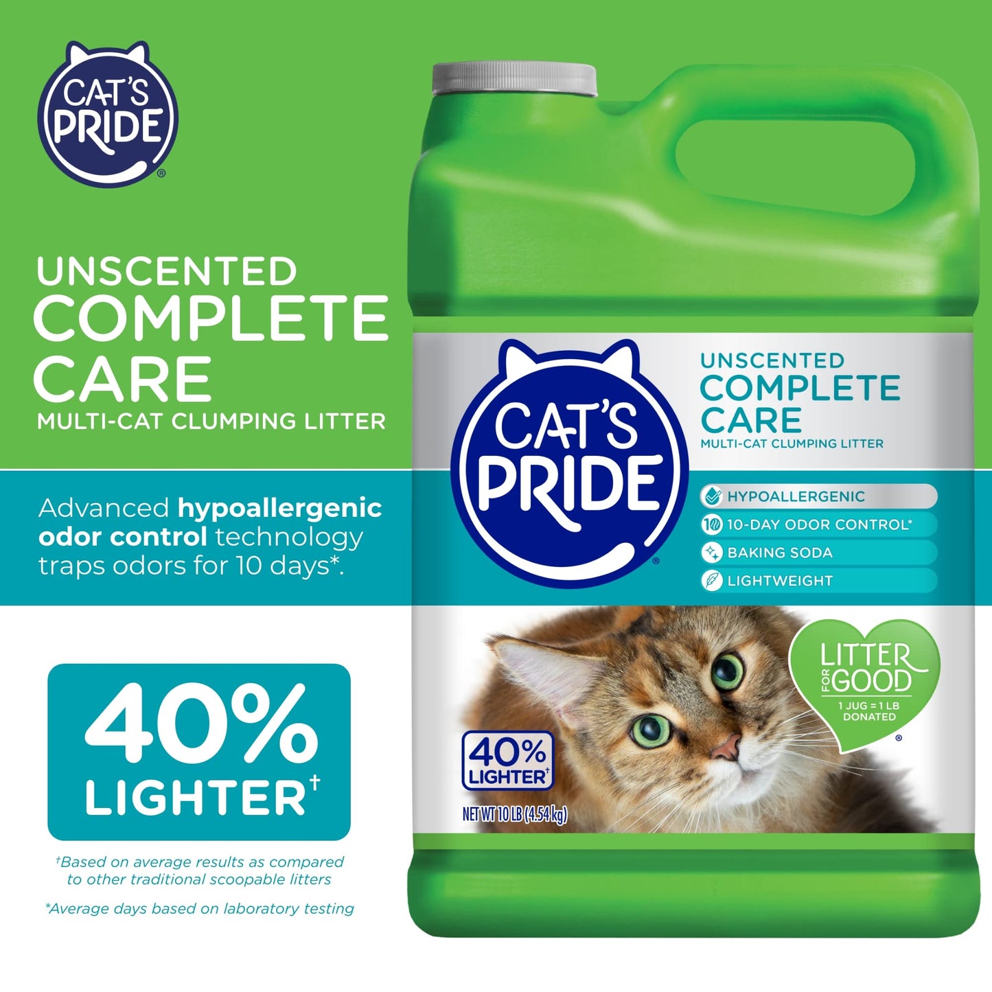 Cat's Pride Premium Lightweight Clumping Litter: Complete Care - Up to 10 Days of Powerful Odor Control - Hypoallergenic - Multi-Cat, Unscented, 10 Pounds