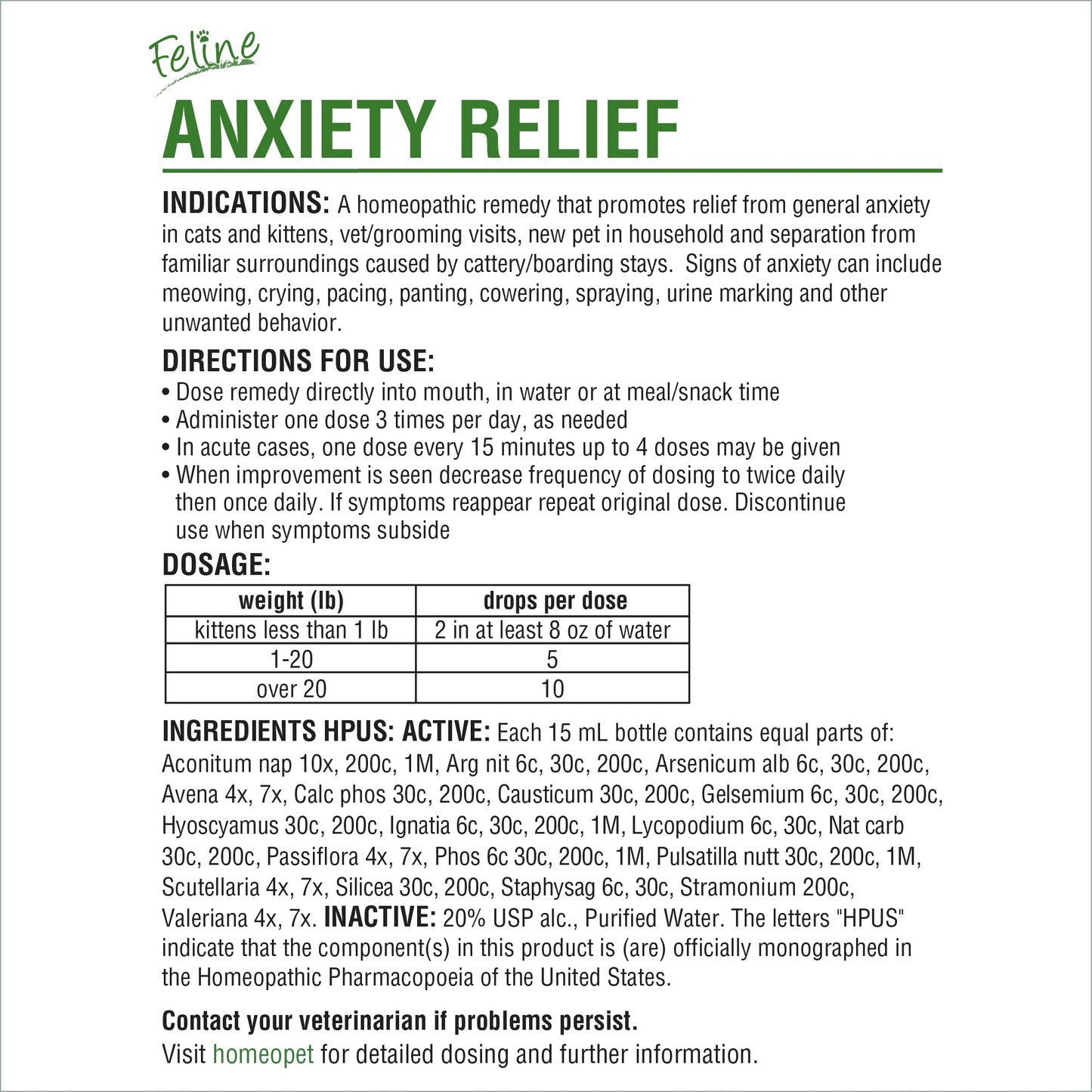 HomeoPet Feline Anxiety Relief, Natural Stress and Anxiety Support, Anxiety Supplement for Cats, 15 Milliliters