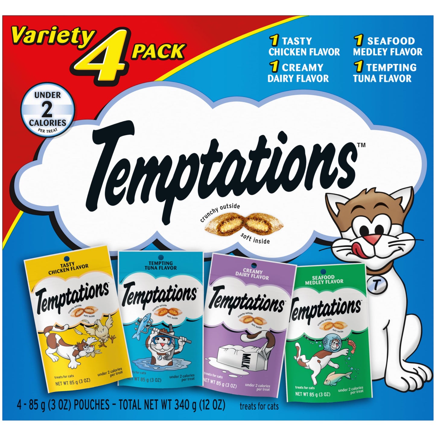 Temptations Classic Crunchy and Soft Cat Treats Feline Favorites Variety Pack, 3 oz., Pack of 4