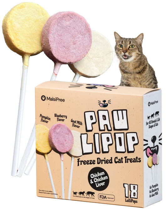 MalsiPree Lollipop Freeze Dried Chicken Cat Treats - Just 5.5 Cal Per Treat - Healthy Cat Treats - High Protein, Healthy & Nutrient Rich - Natural & Raw Diet Friendly (18 Pack)