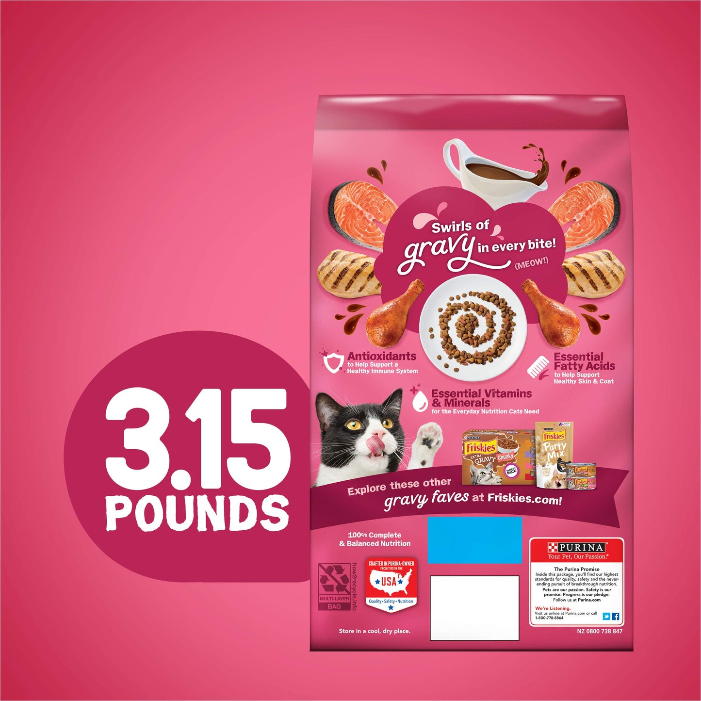 Purina Friskies Dry Cat Food Gravy Swirl'd With Flavors of Chicken, Salmon and Gravy - 3.15 lb. Bag